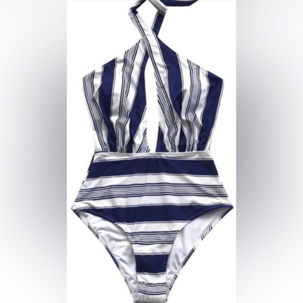 Cupshe Blue & White Striped Halter One Piece Swimsuit. NWT